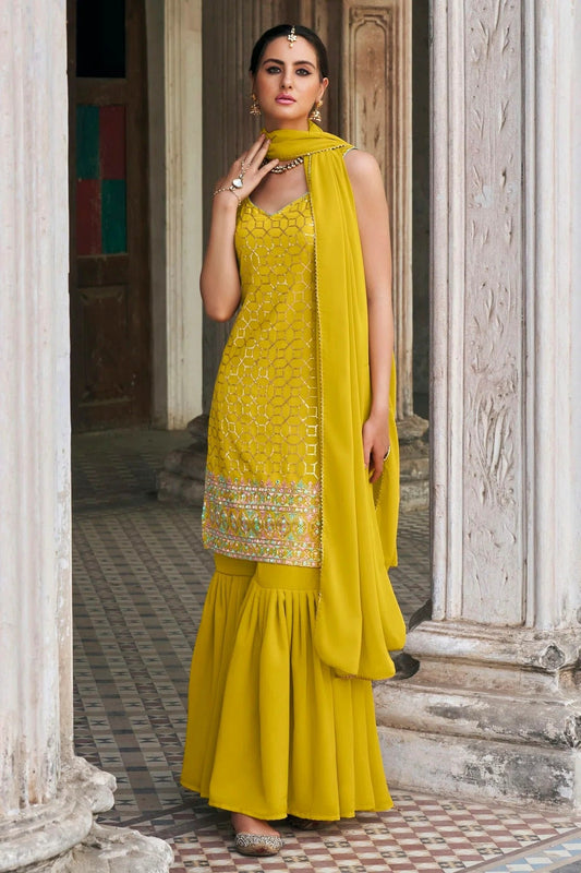 Yellow Colour Faux Georgette Sharara Suit SM1140046