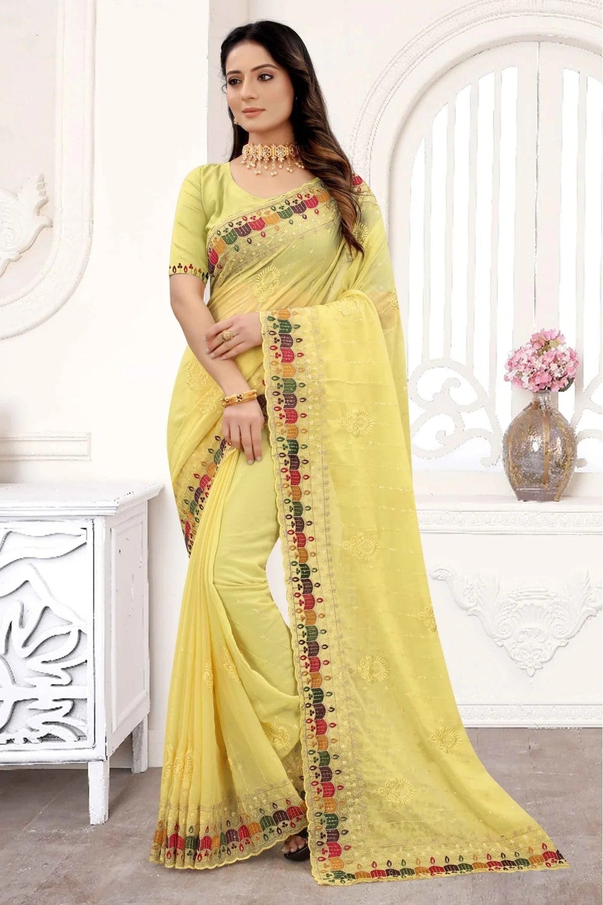 Yellow Colour Georgette Embroidery Saree SD1090282
