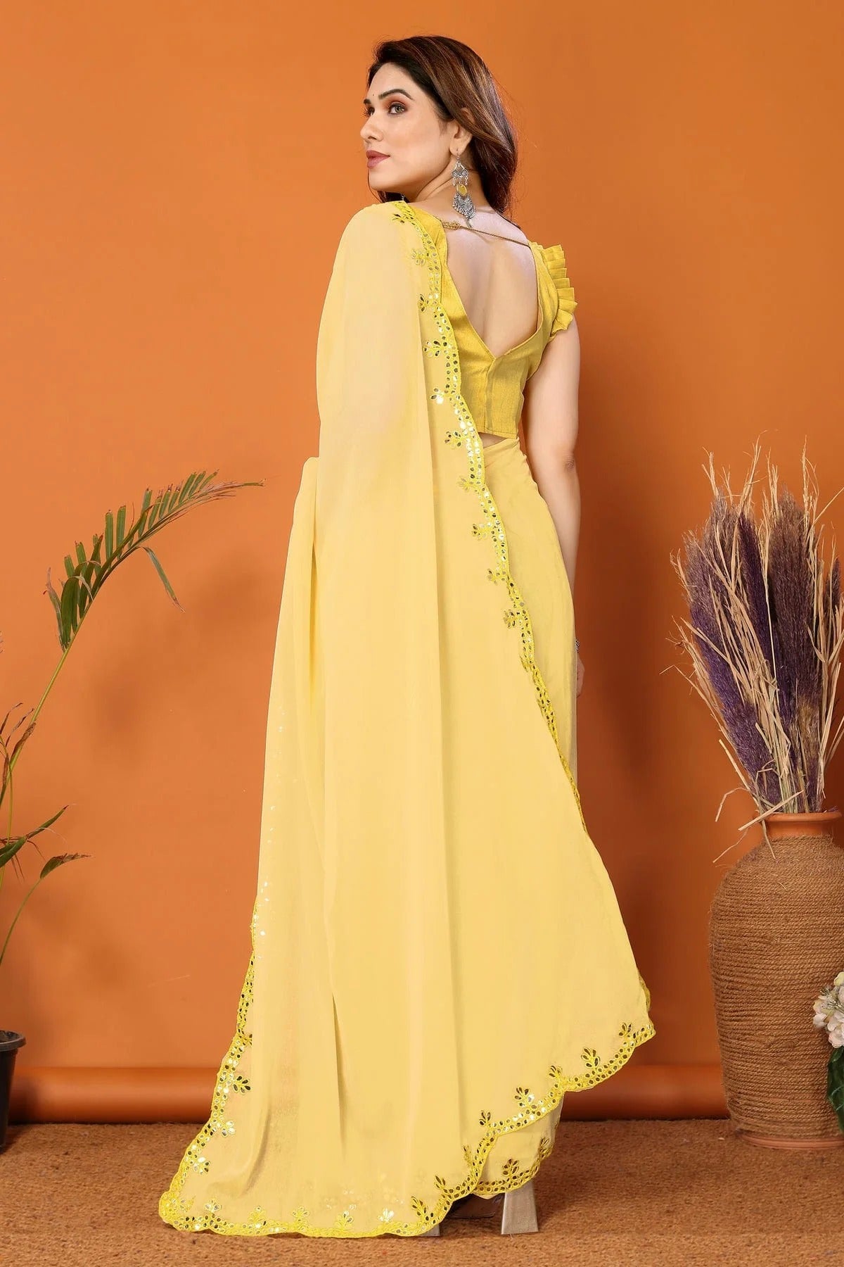 Yellow Colour Georgette Mirror Work Saree SD1180122 A