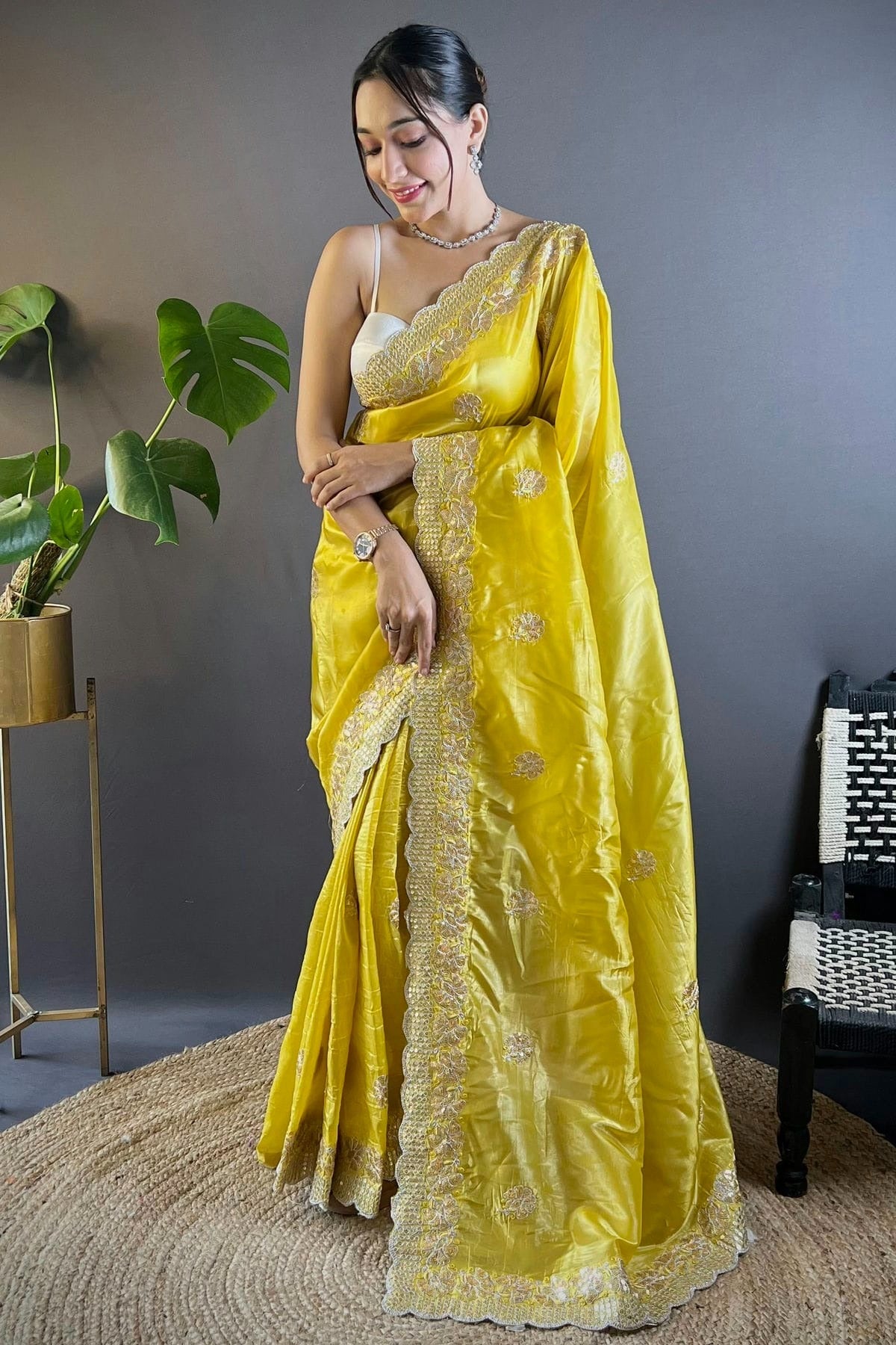 Yellow Colour Gold Crunchy Designer Saree SD1111765