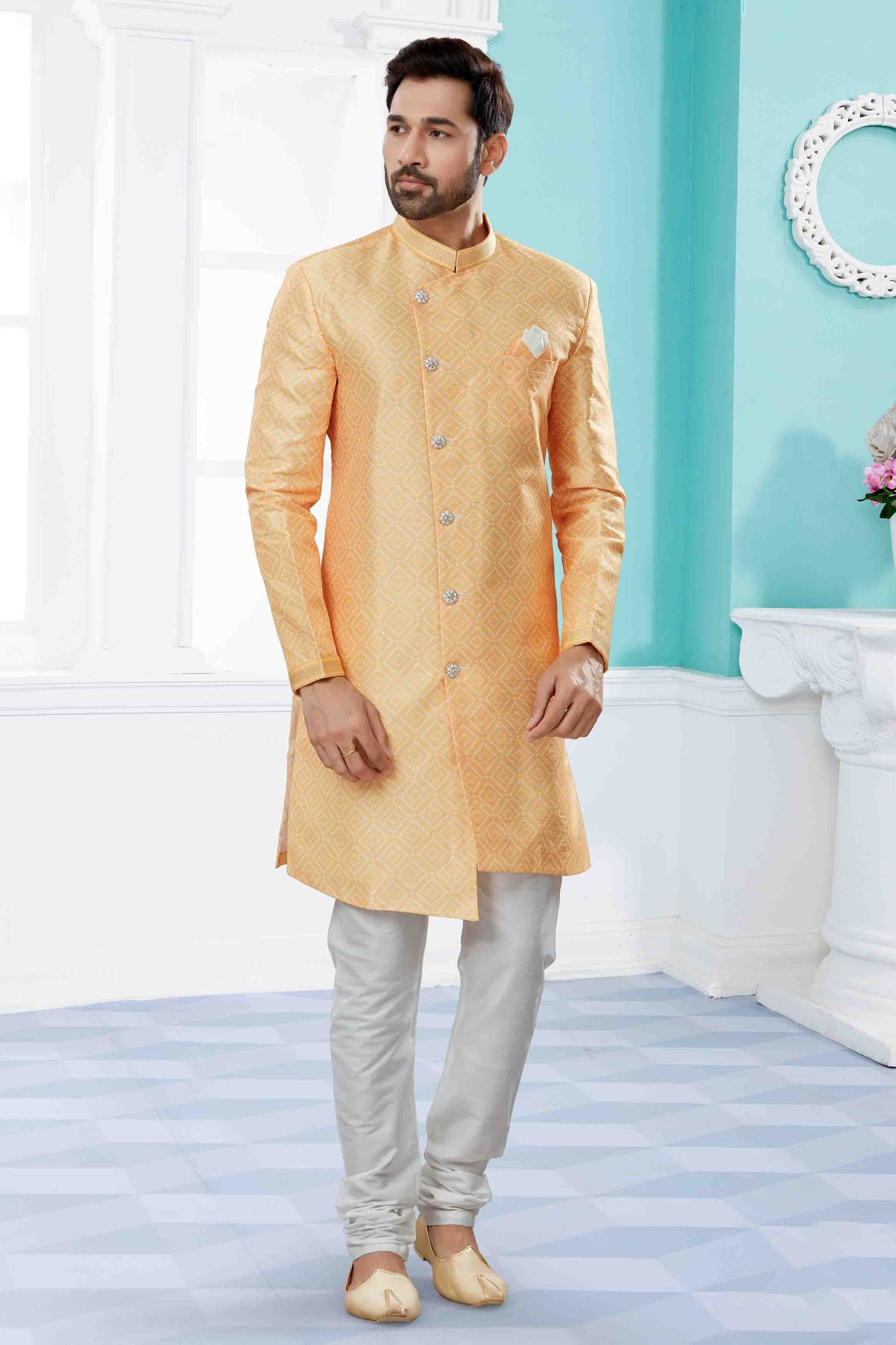 Yellow Colour Indo Western In Jacquard Fabric SH1040448