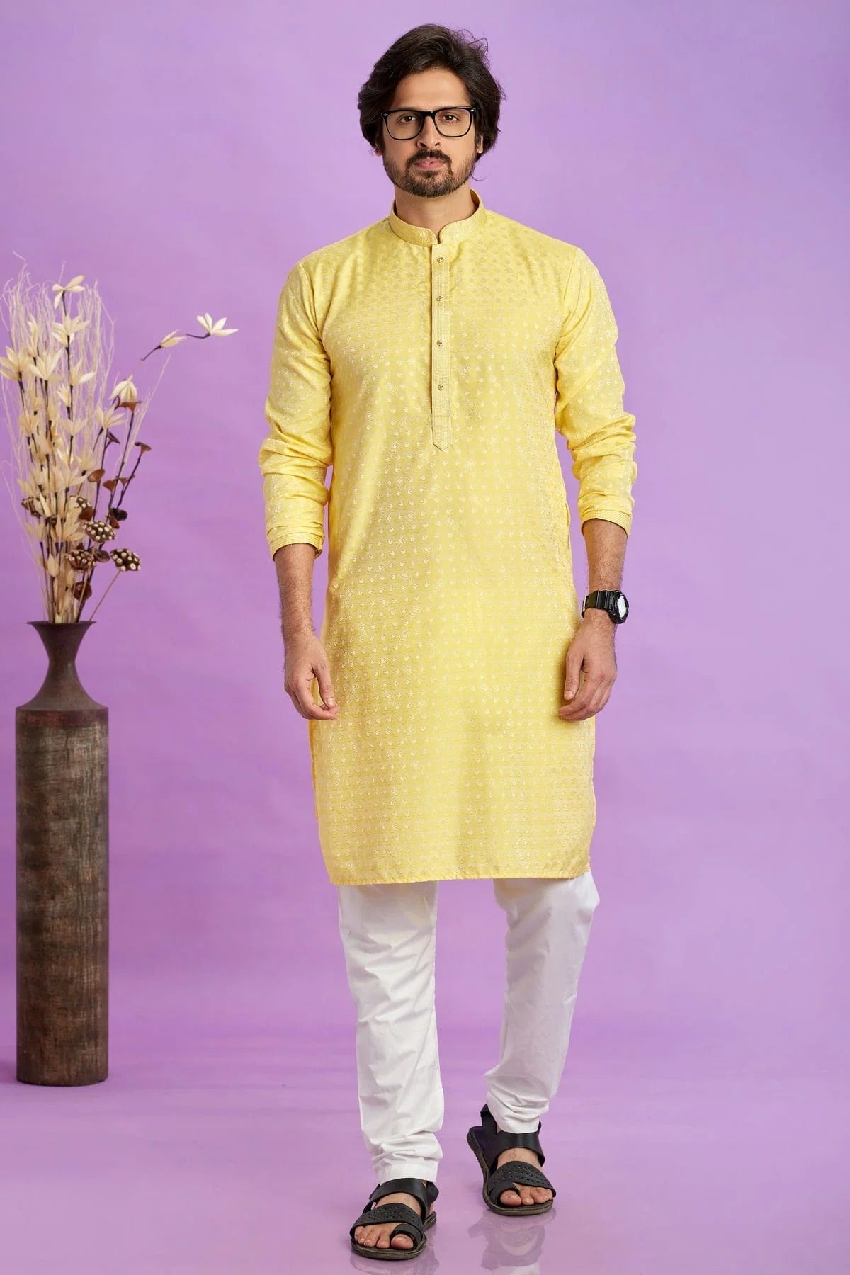 Yellow Colour Jacquard Art Silk Pintex Work Kurta Pajama KP1230199 A