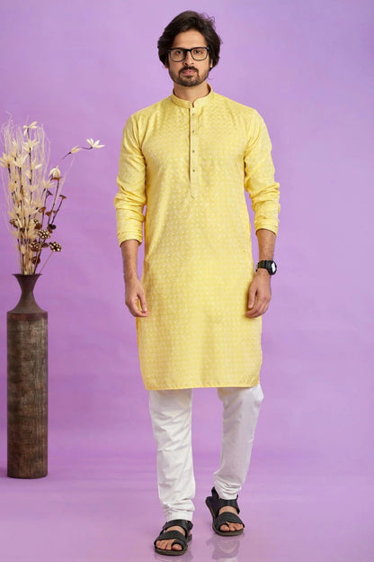 Yellow Colour Jacquard Art Silk Pintex Work Kurta Pajama KP1230199 A