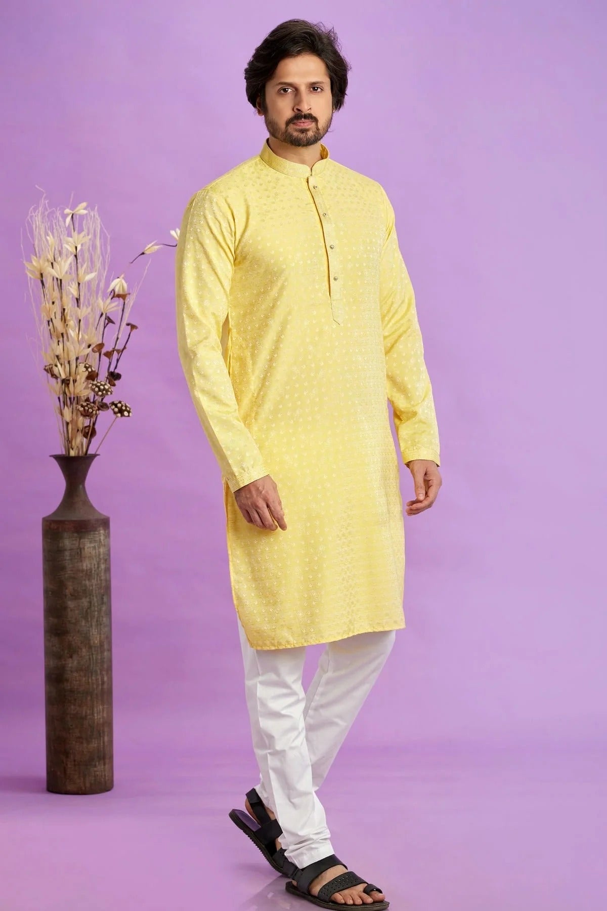 Yellow Colour Jacquard Art Silk Pintex Work Kurta Pajama KP1230199