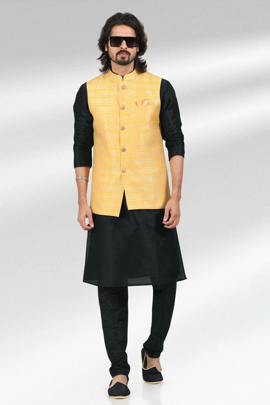 Yellow Colour Jacquard Banarasi Silk Woven Work Kurta Pajama With Jacket