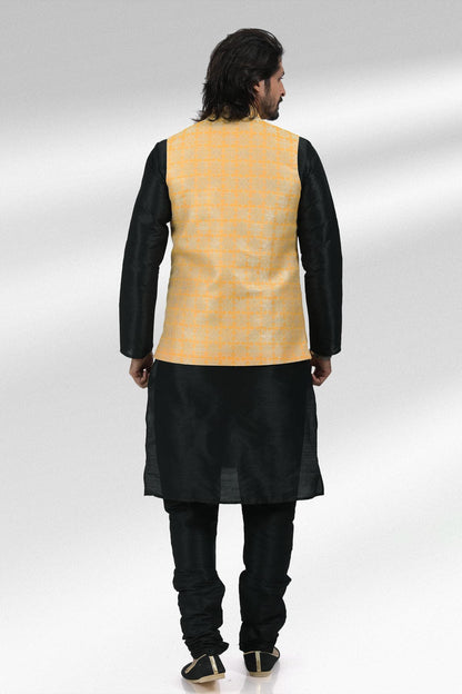 Yellow Colour Jacquard Banarasi Silk Woven Work Kurta Pajama With Jacket