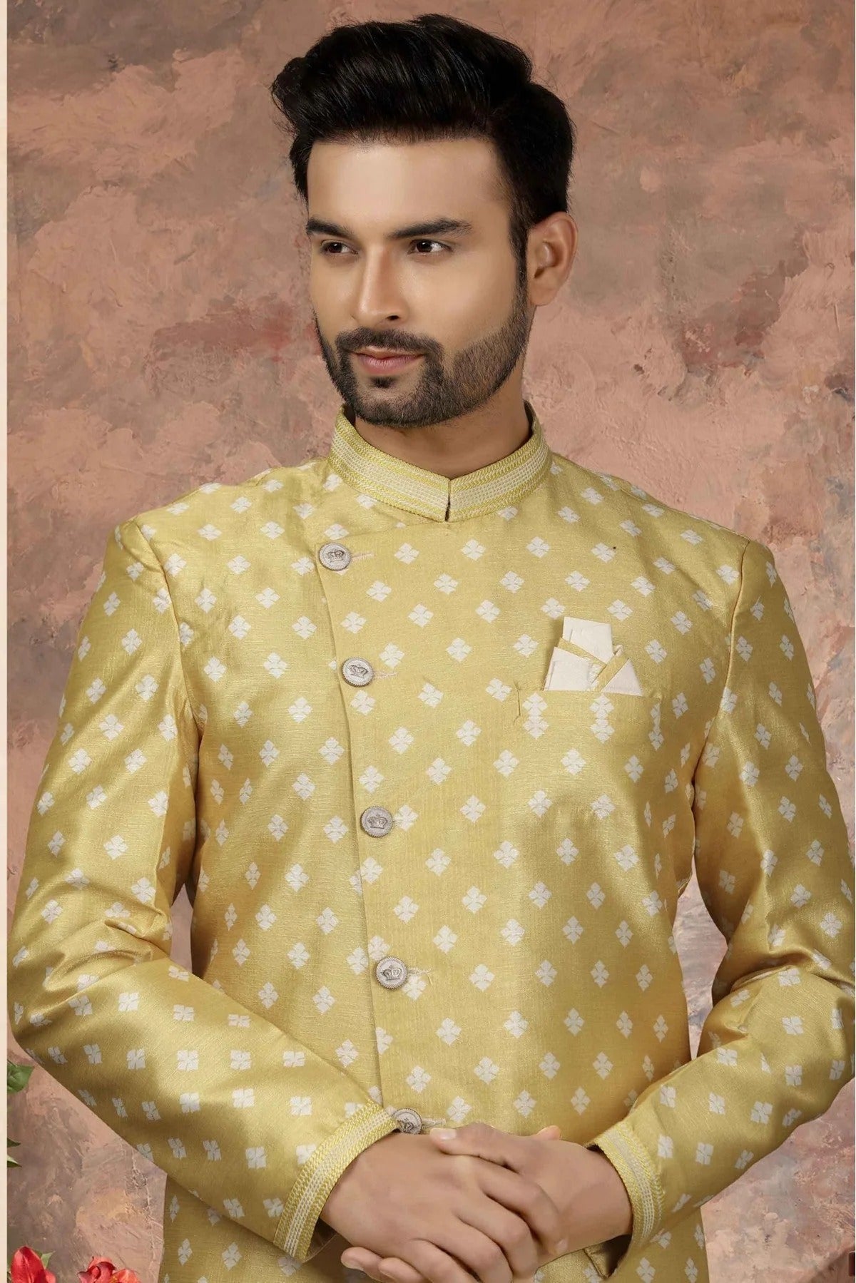 Yellow Colour Jacquard Digital Print Sherwani SH1040338 A