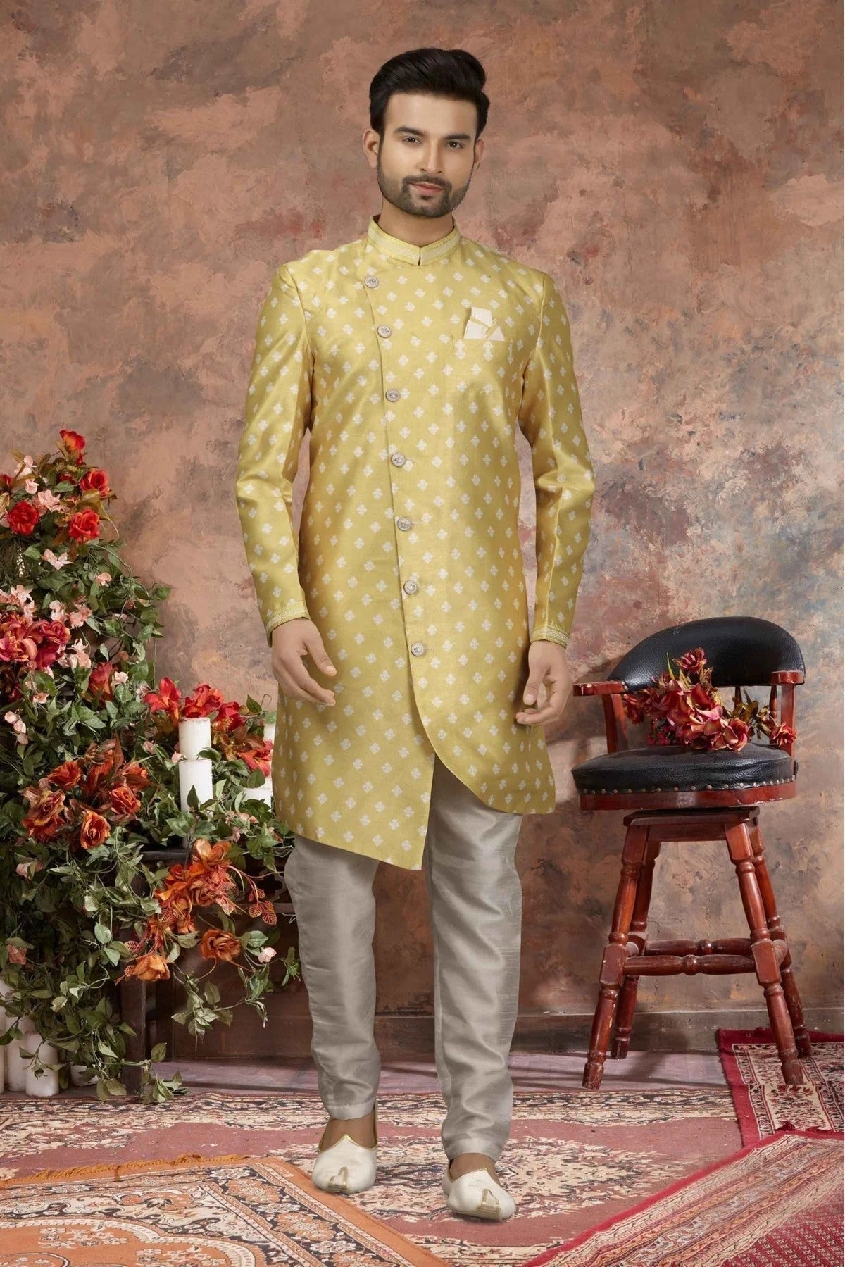 Yellow Colour Jacquard Digital Print Sherwani SH1040338