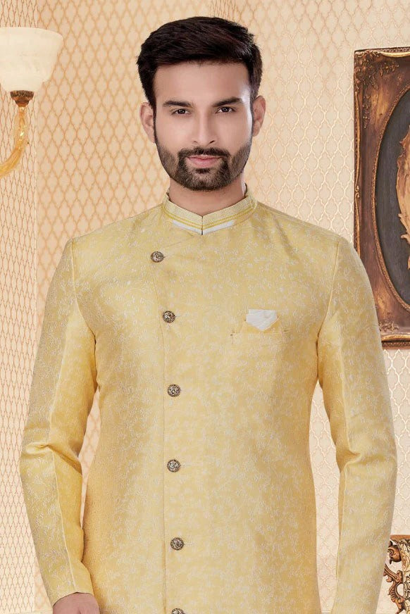 Yellow Colour Jacquard Sherwani SH1040265 A