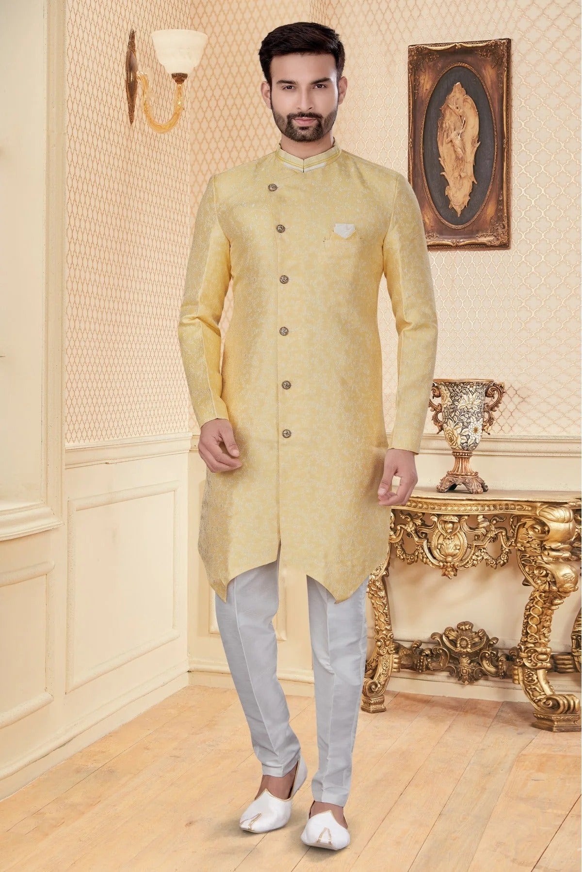 Yellow Colour Jacquard Sherwani SH1040265