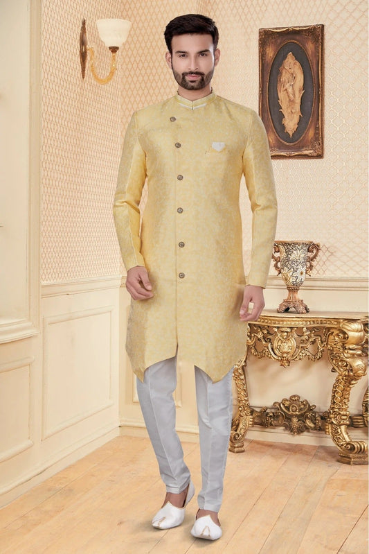 Yellow Colour Jacquard Sherwani SH1040265
