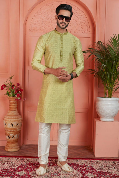 Yellow Colour Jacquard Silk Brocade Kurta Pajama KP1230229 A