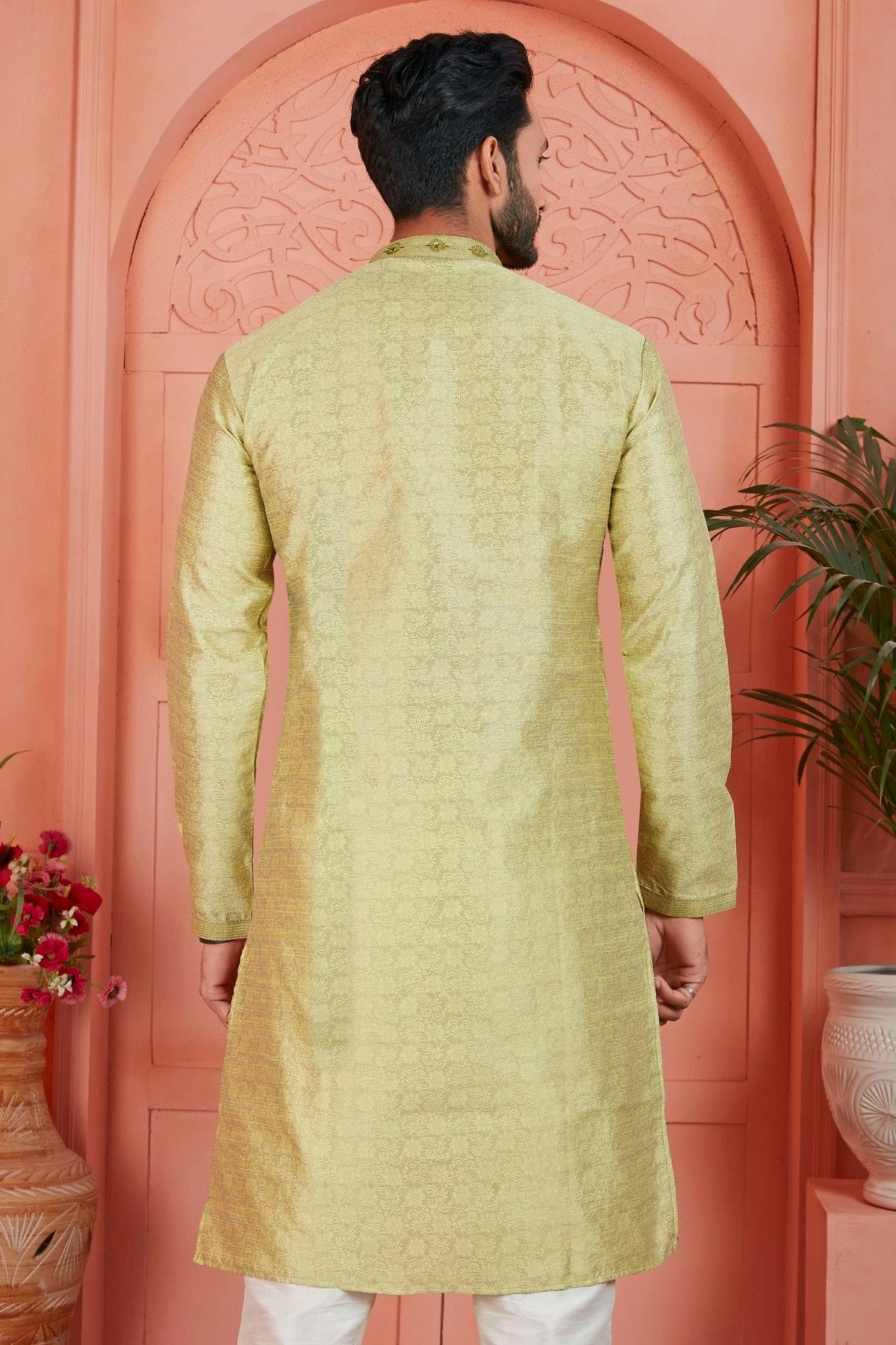 Yellow Colour Jacquard Silk Brocade Kurta Pajama KP1230229 B