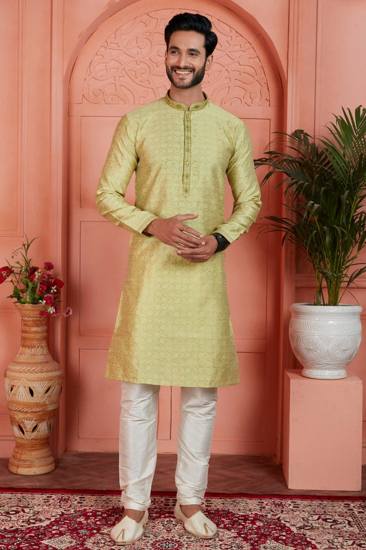Yellow Colour Jacquard Silk Brocade Kurta Pajama KP1230229