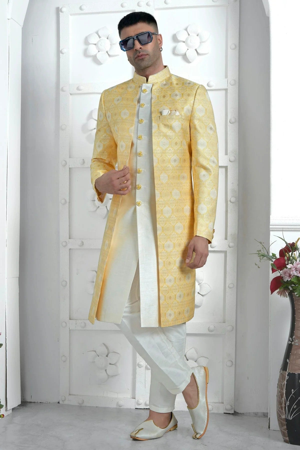 Yellow Colour Jacquard Silk Indowestern Sherwani With Aligadhi Pant SH1230032 A