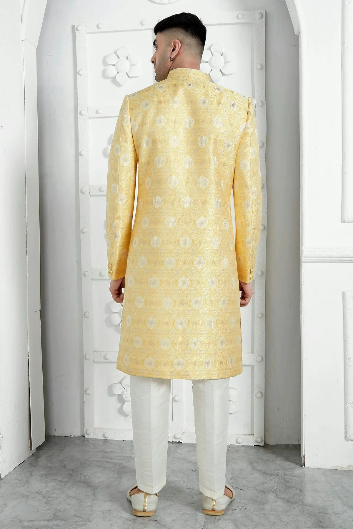 Yellow Colour Jacquard Silk Indowestern Sherwani With Aligadhi Pant SH1230032 B