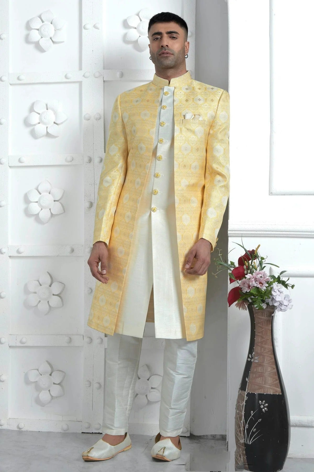 Yellow Colour Jacquard Silk Indowestern Sherwani With Aligadhi Pant SH1230032