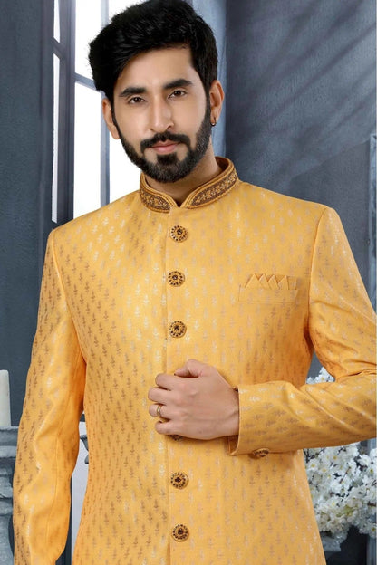 Yellow Colour Jacquard Woven Sherwani SH1040317 A