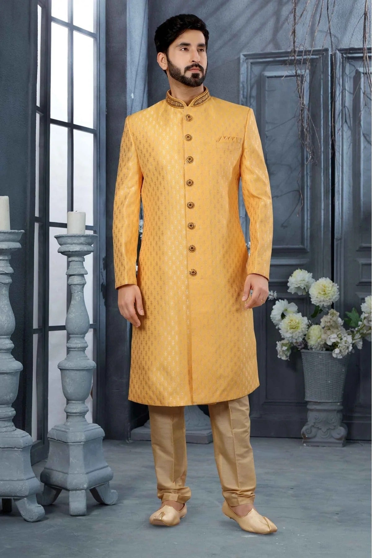 Yellow Colour Jacquard Woven Sherwani SH1040317