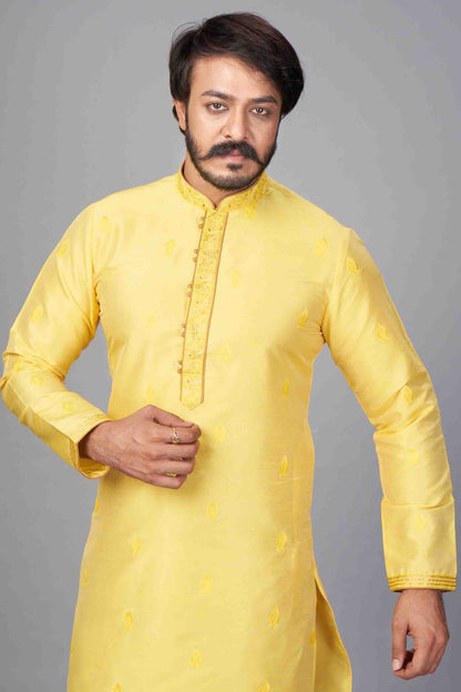 Yellow Colour Kurta Pajama In Jacquard Silk KP1210054 A