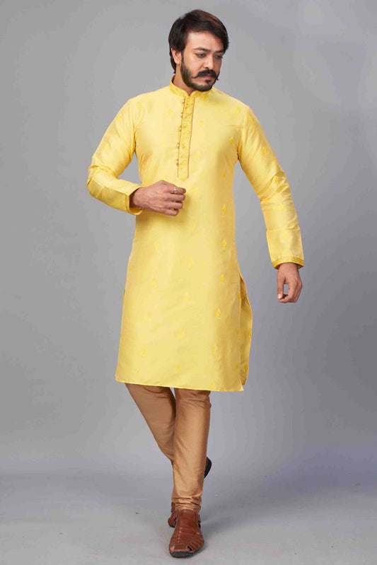 Yellow Colour Kurta Pajama In Jacquard Silk KP1210054