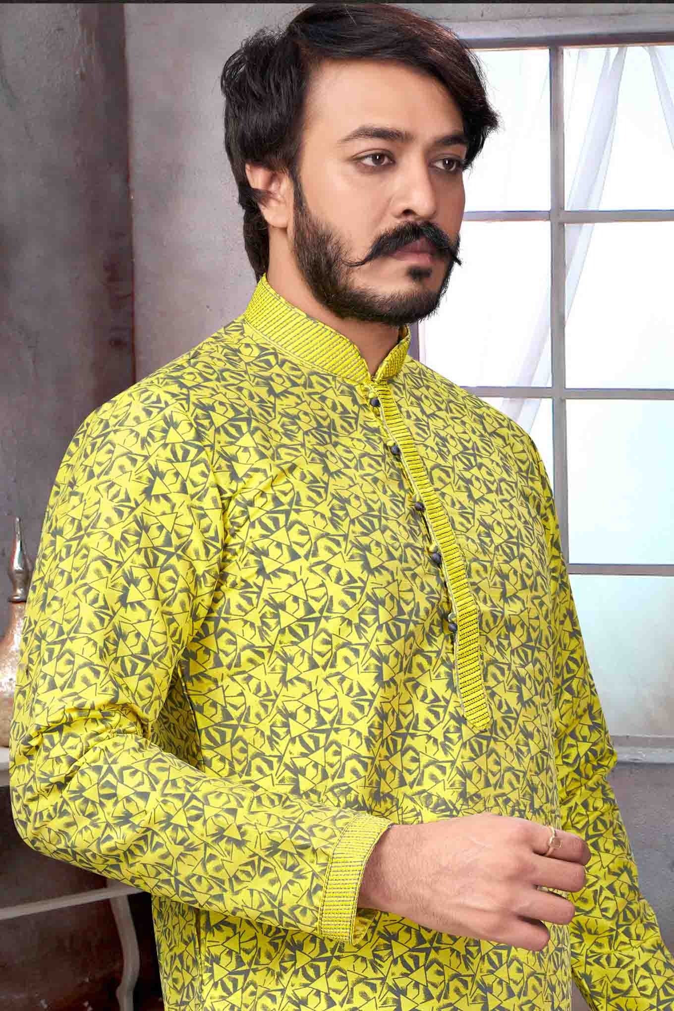 Yellow Colour Kurta Pajama In Jacquard Silk KP1210073 A
