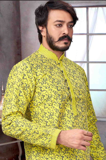 Yellow Colour Kurta Pajama In Jacquard Silk KP1210073 A