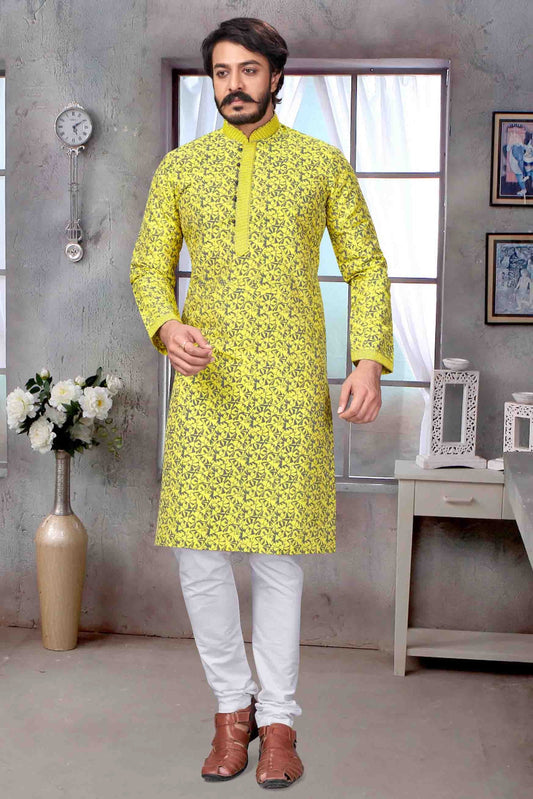 Yellow Colour Kurta Pajama In Jacquard Silk KP1210073