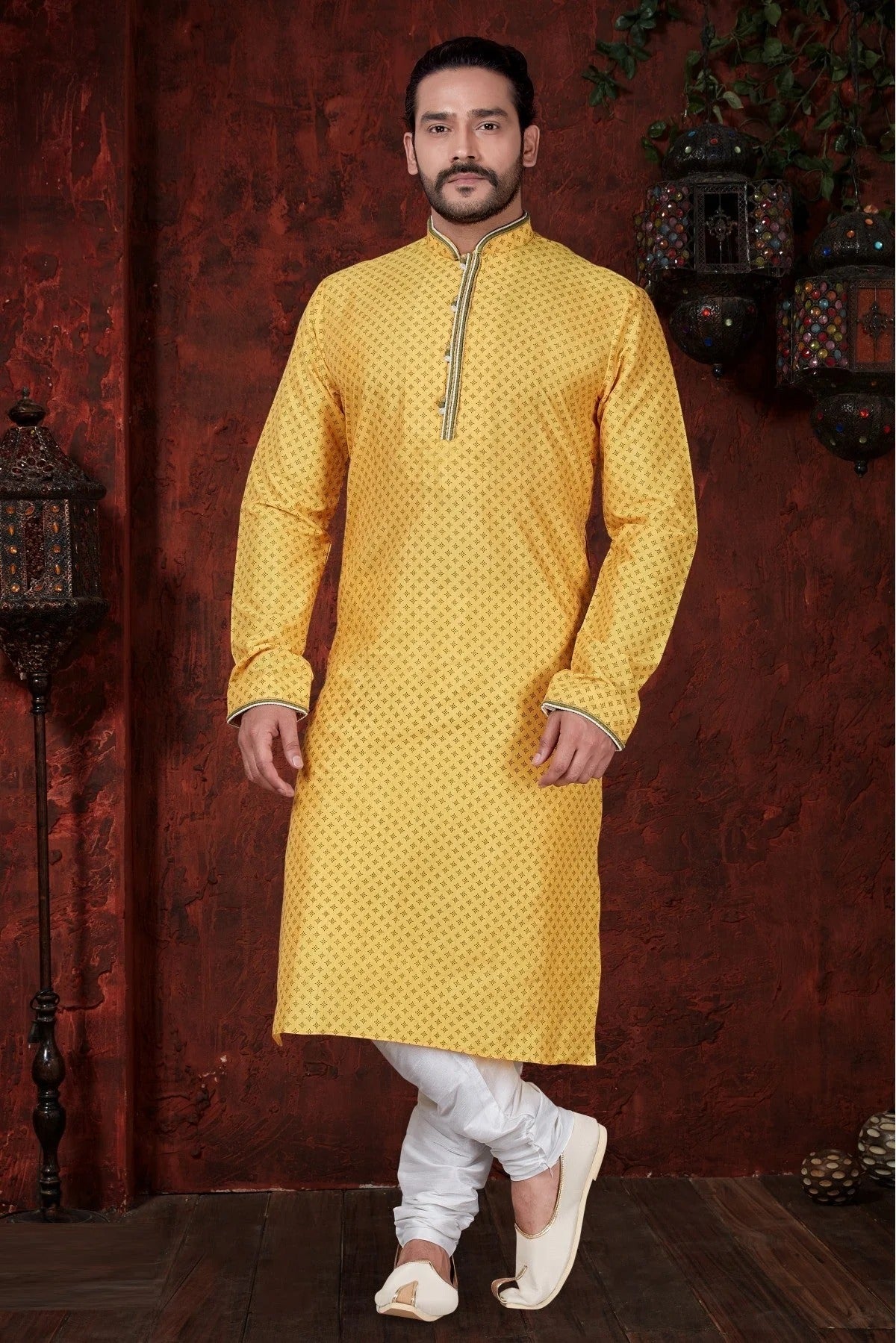 Yellow Colour Kurta Pajama In Jarna Print Fabric KP1040058