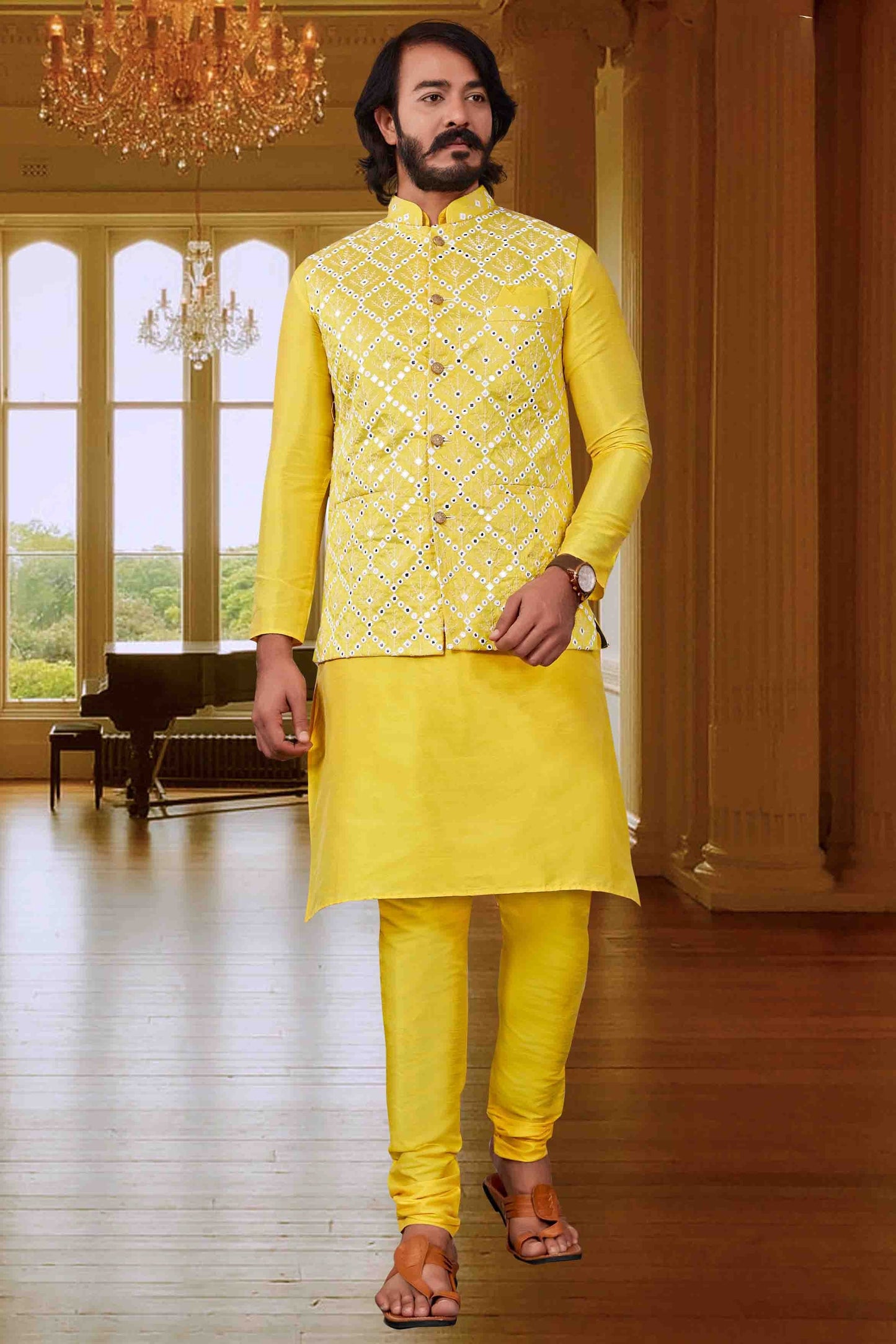 Yellow Colour Kurta Pajama With Jacket In Art Silk KP1210394