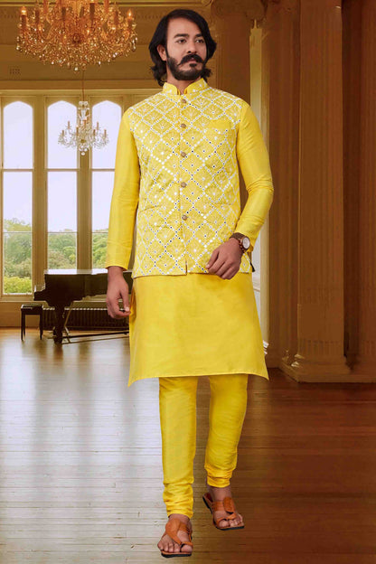 Yellow Colour Kurta Pajama With Jacket In Art Silk KP1210394