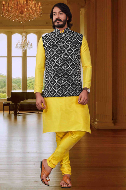 Yellow Colour Kurta Pajama With Jacket In Art Silk KP1210395
