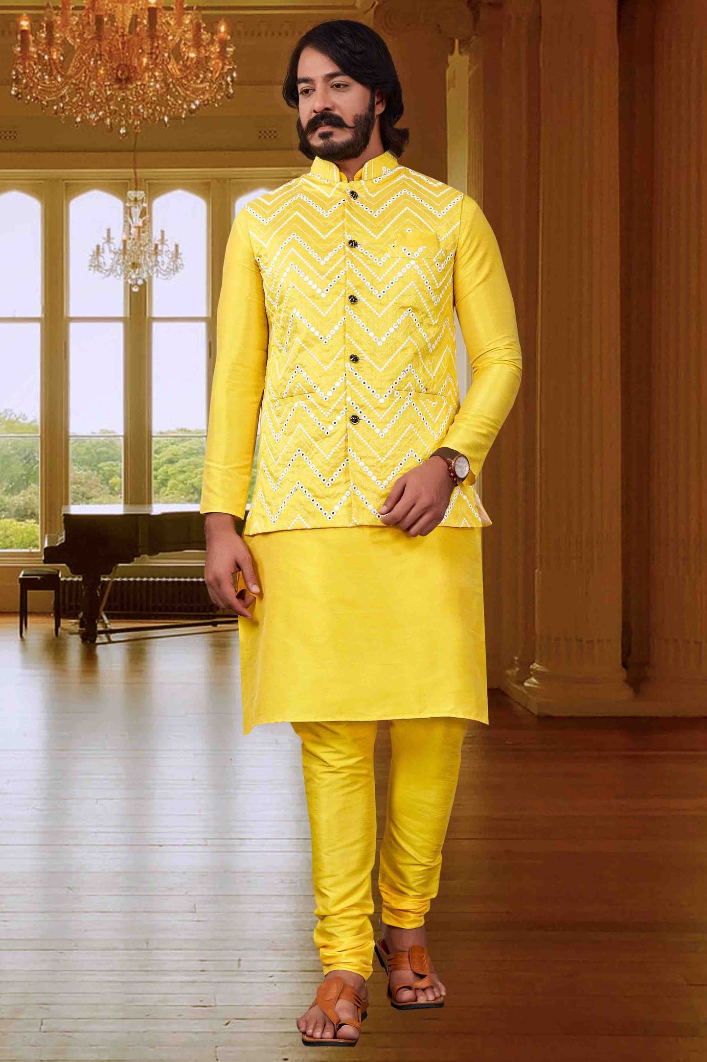 Yellow Colour Kurta Pajama With Jacket In Art Silk KP1210415