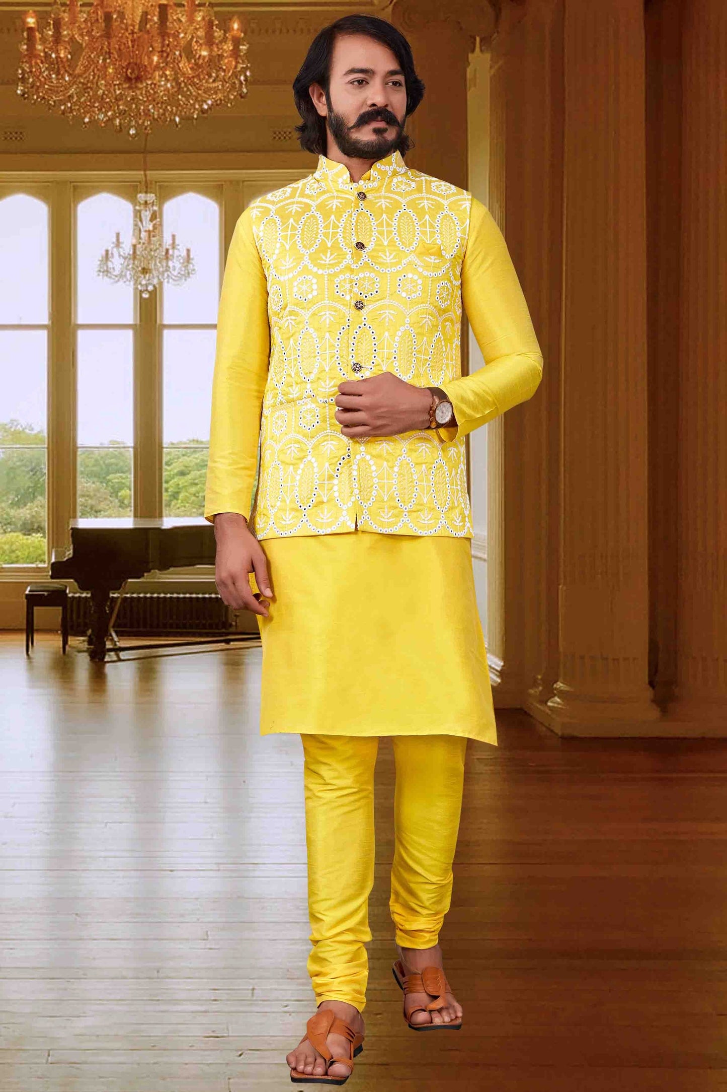 Yellow Colour Kurta Pajama With Jacket In Art Silk KP1210419