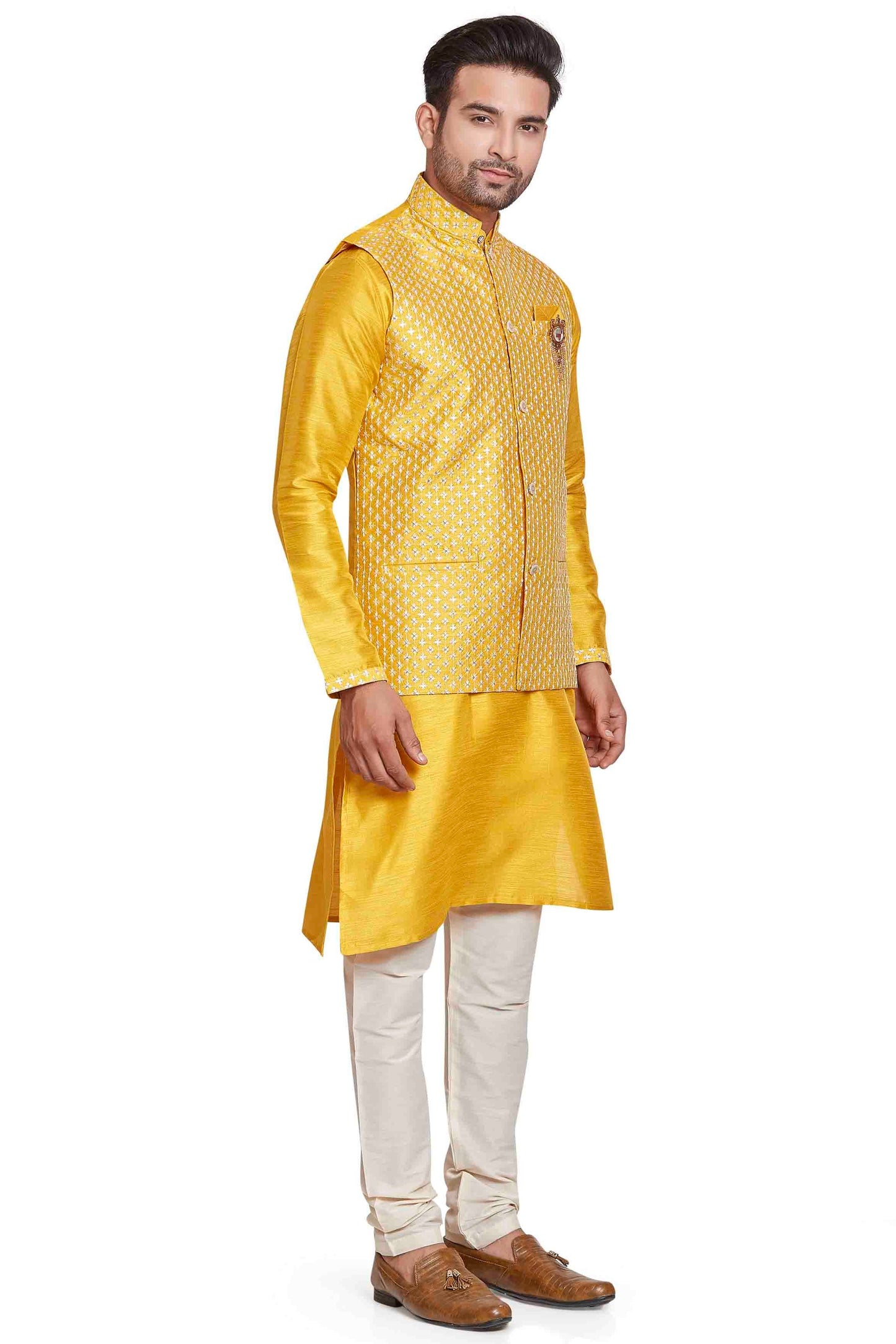 Yellow Colour Kurta Pajama With Jacket In Silk KP1210445 A