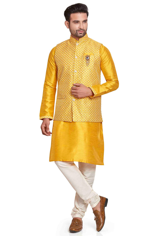 Yellow Colour Kurta Pajama With Jacket In Silk KP1210445