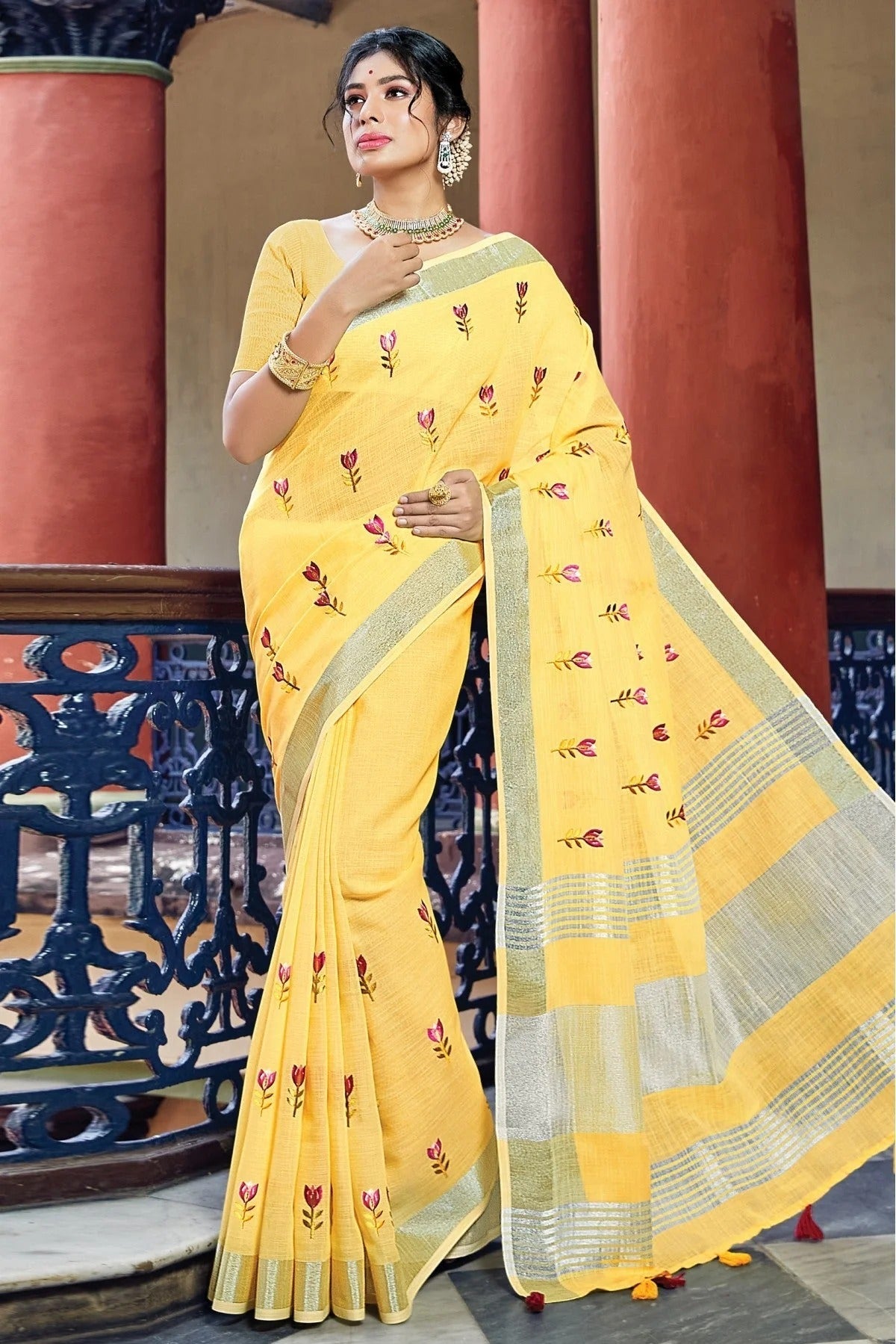 Yellow Colour Linen Thread Work Saree SD1100199