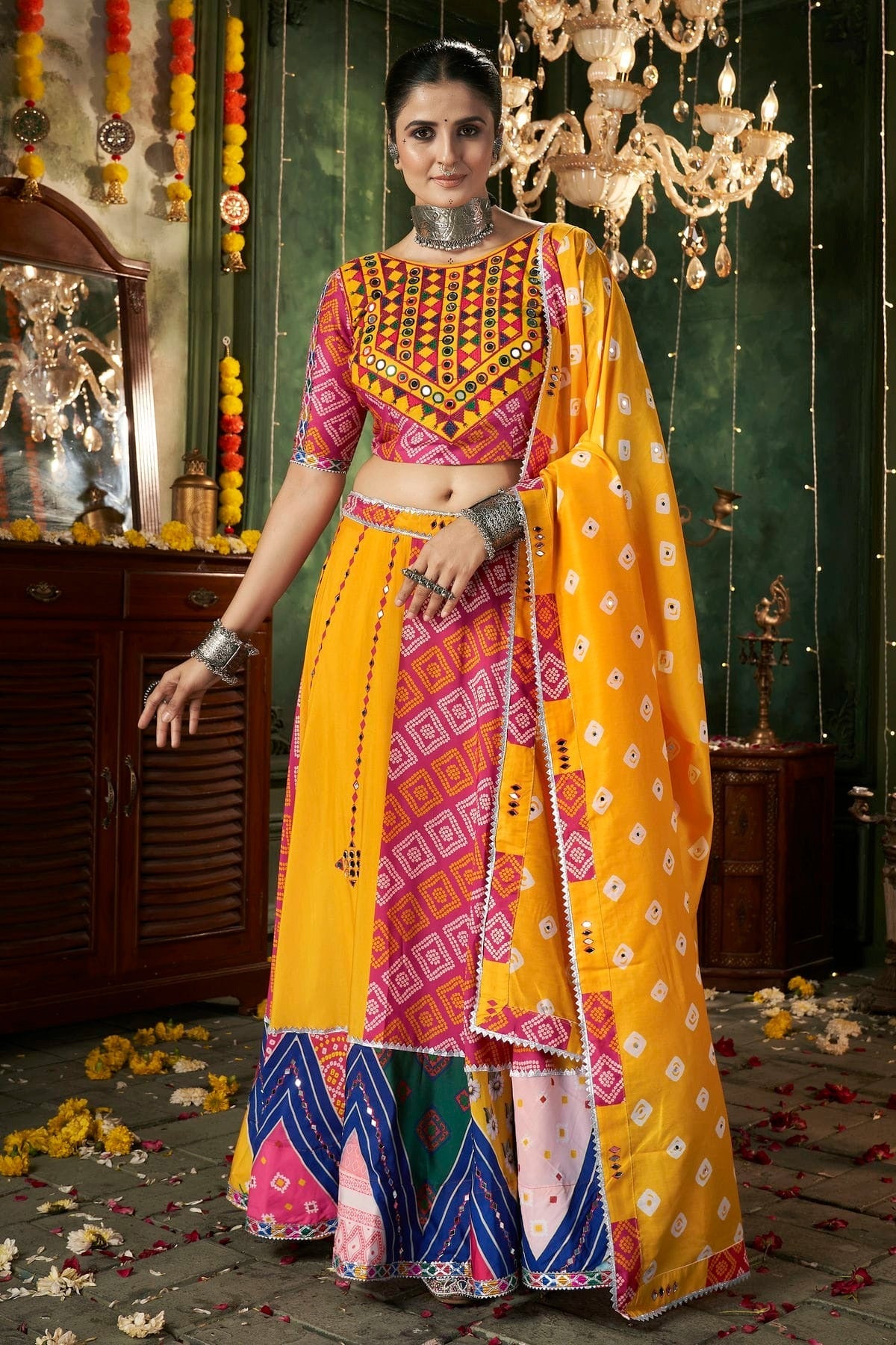 Yellow Colour Maslin Cotton Navratri Lehenga LC1150234