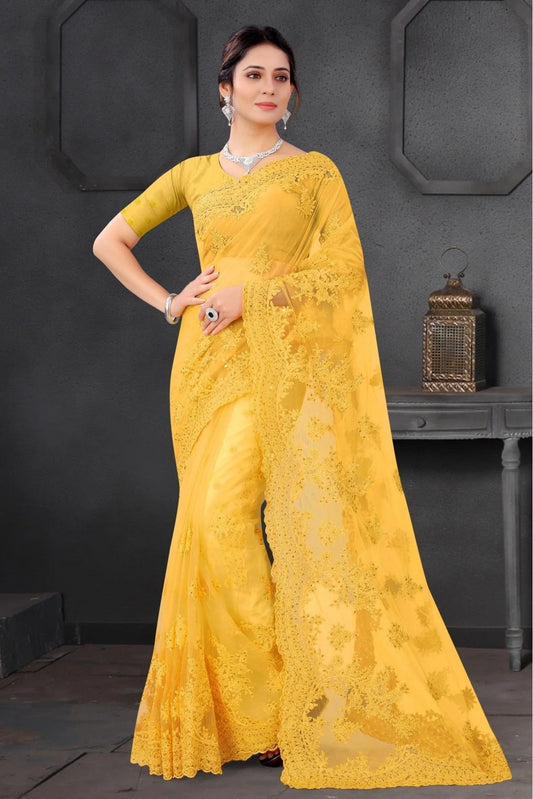 Yellow Colour Net Embroidery Saree SD1090198