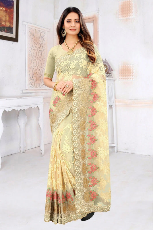 Yellow Colour Net Embroidery Saree SD1090223