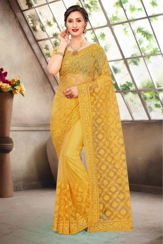 Yellow Colour Net Embroidery Saree SD1090380