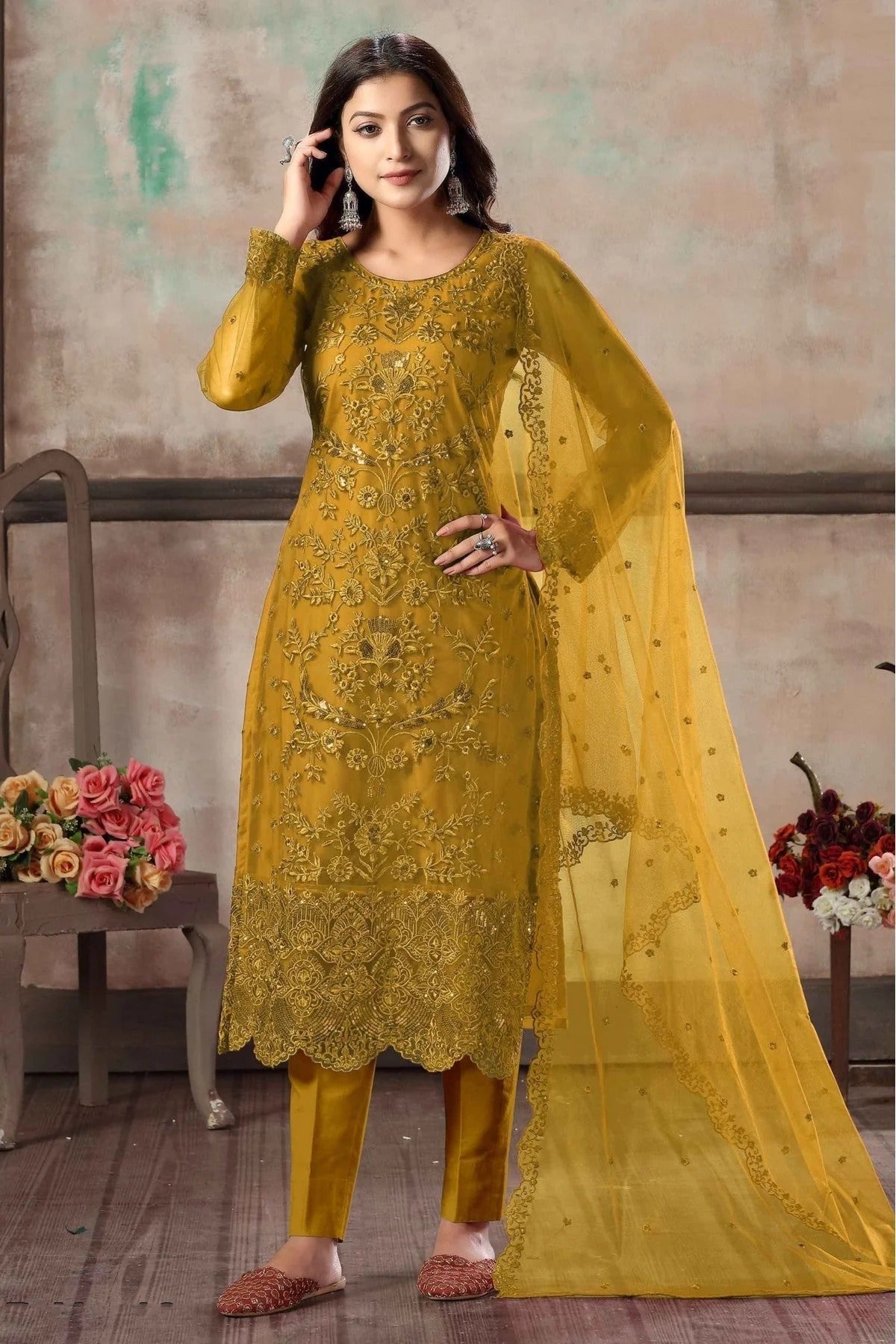 Yellow Colour Net Pant Style Suit SM1050083