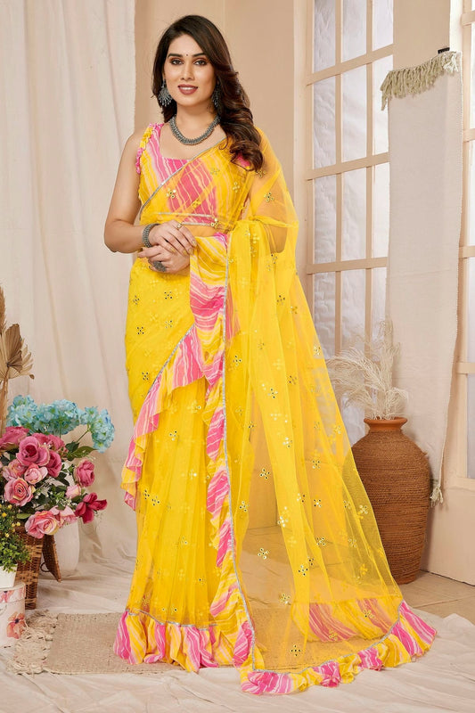 Yellow Colour Net Ruffle Saree SD1180128