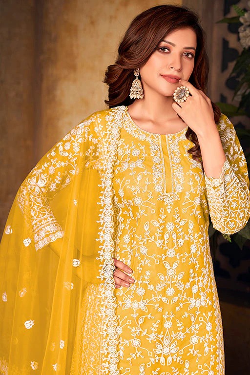 Yellow Colour Net Semi Stitched Palazzo Pant Suit SM1050328 A