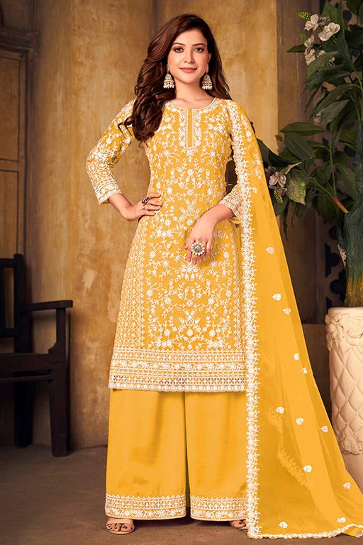 Yellow Colour Net Semi Stitched Palazzo Pant Suit SM1050328