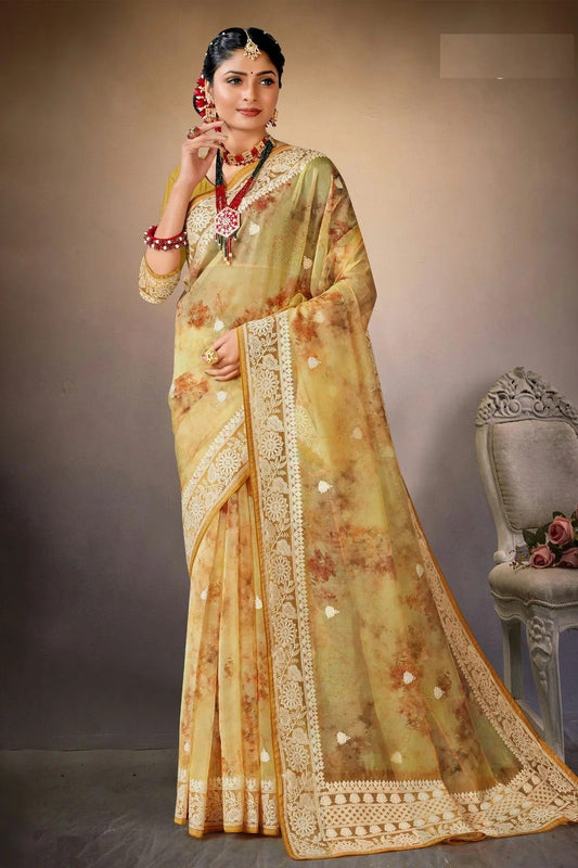 Yellow Colour Organza Printed Saree LC1121574