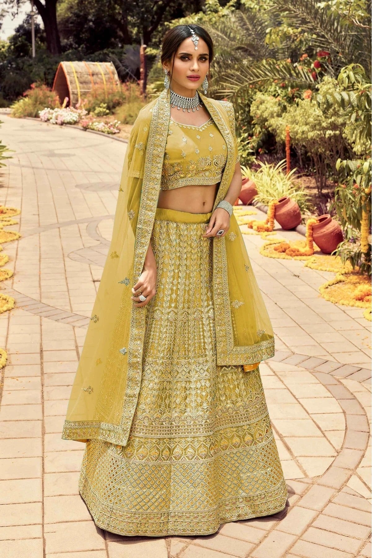 Yellow Colour Organza Resham Work Lehenga Choli LC1080116