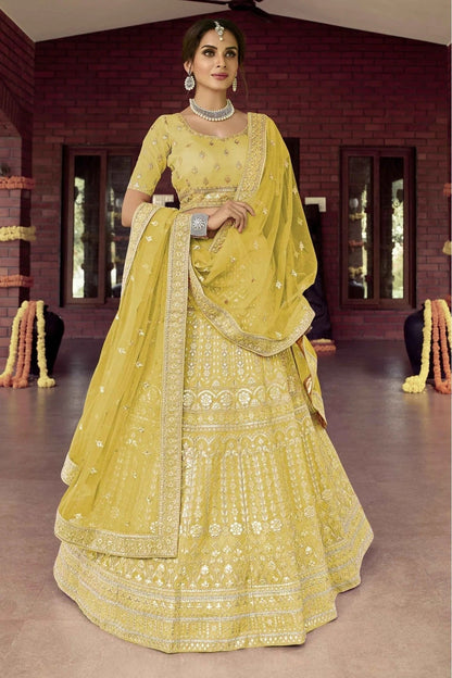 Yellow Colour Organza Resham Work Lehenga Choli LC1080121