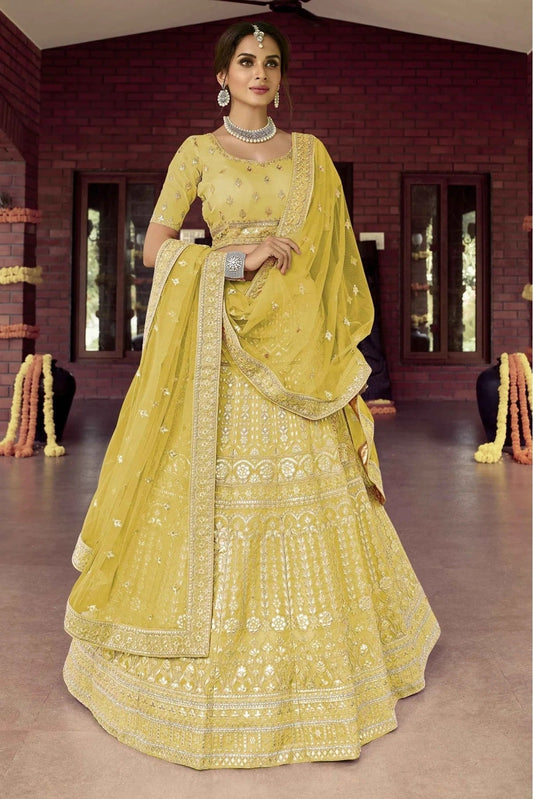 Yellow Colour Organza Resham Work Lehenga Choli LC1080121