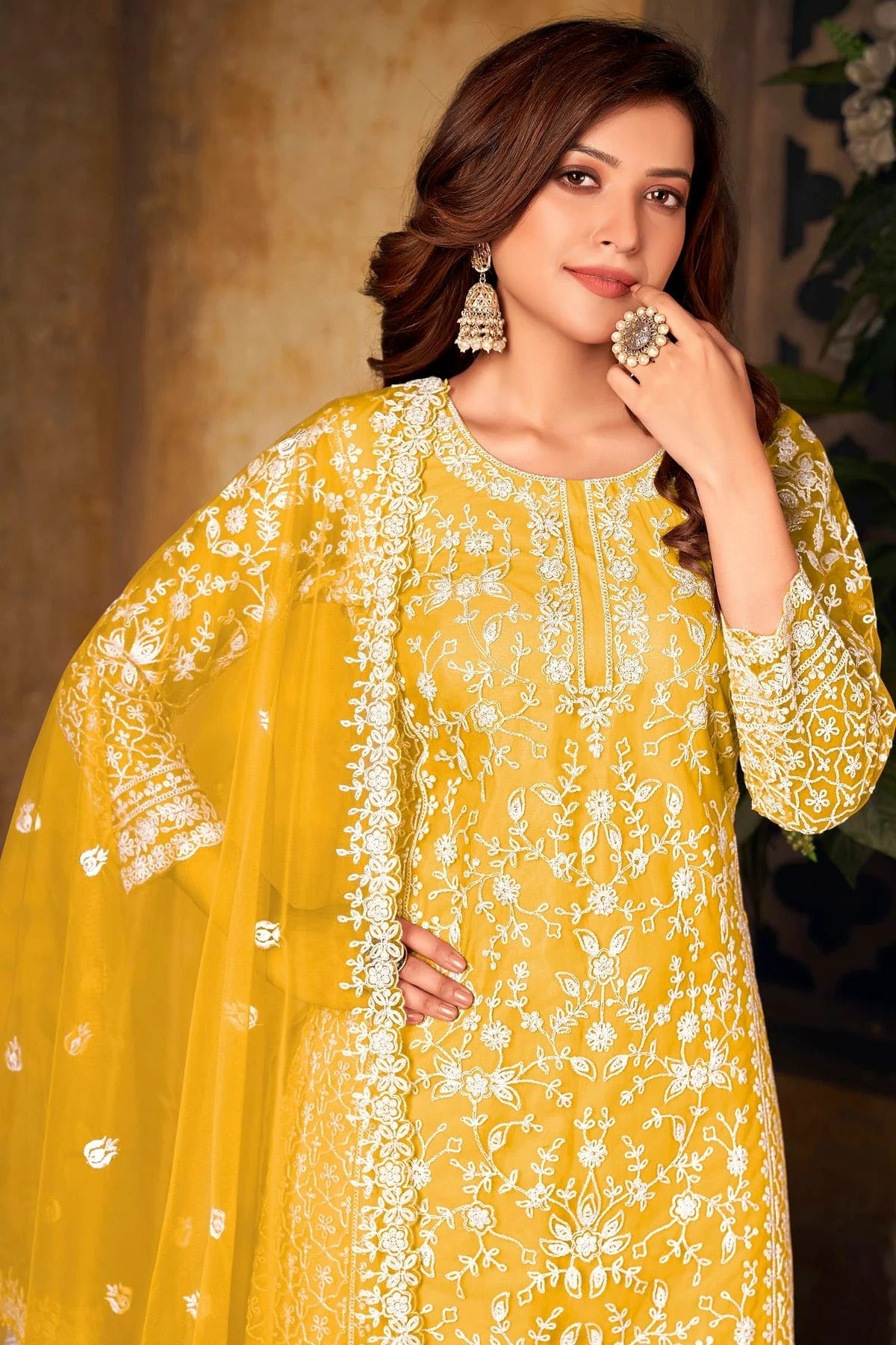 Yellow Colour Plazoo Pant Suit Net Semi Stitched SM1050527 A